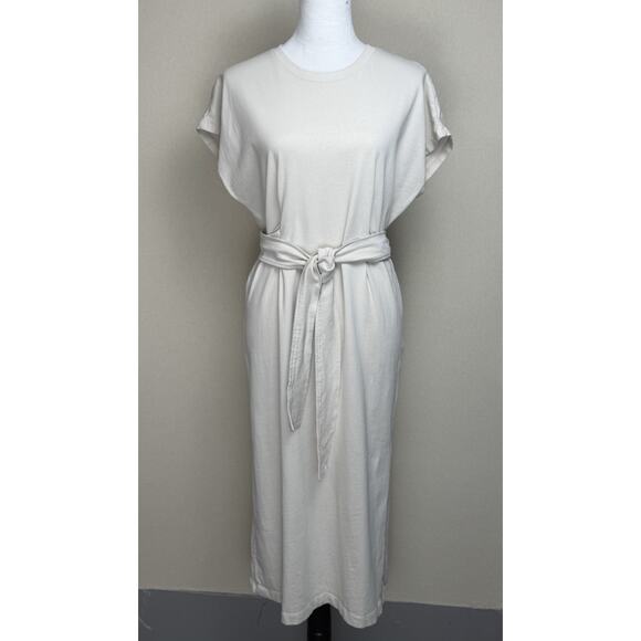 Zara Midi Cotton Bone Ivory Color Tie Waist Dress Sz M Short Sleeve Classic - Picture 1 of 13